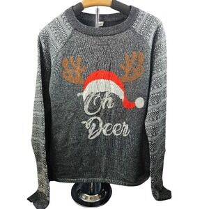 Oh‎ Deer Christmas Sweater Metallic Silver Grey Reindeer Holiday One Size